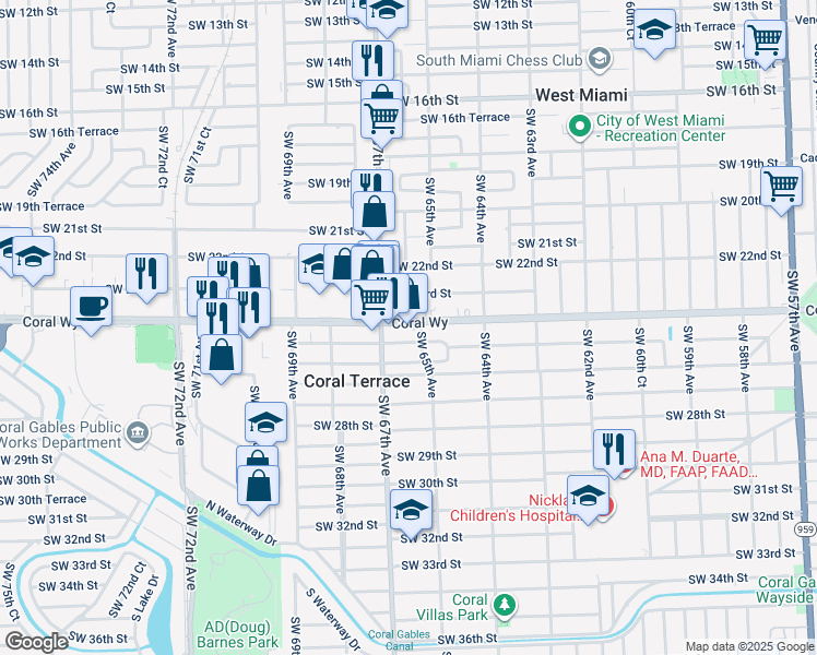 map of restaurants, bars, coffee shops, grocery stores, and more near 6515 Southwest 25th Street in Miami