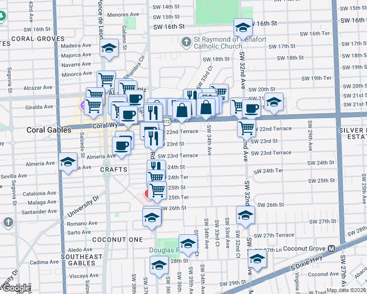 map of restaurants, bars, coffee shops, grocery stores, and more near 3541 Southwest 23rd Terrace in Miami