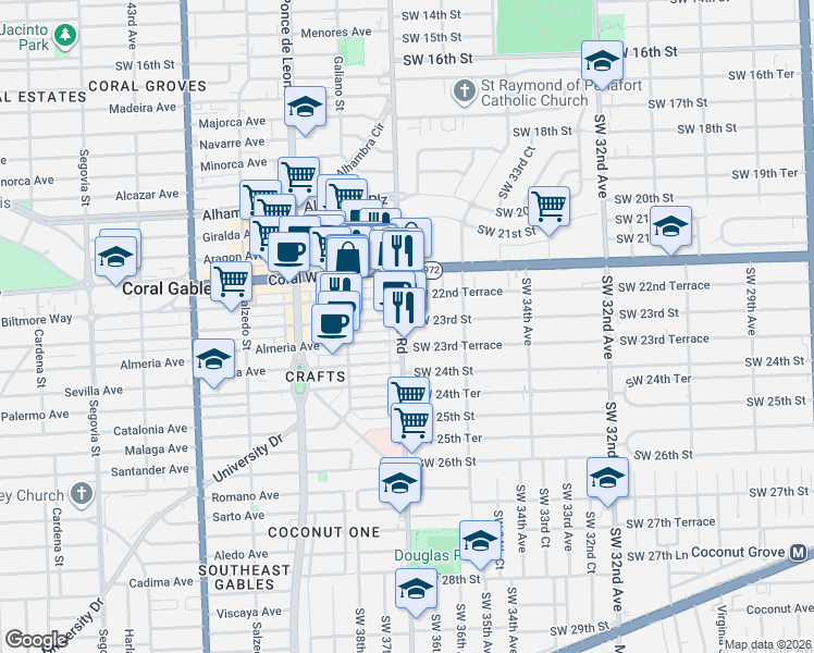 map of restaurants, bars, coffee shops, grocery stores, and more near 2600 Douglas Road in Coral Gables