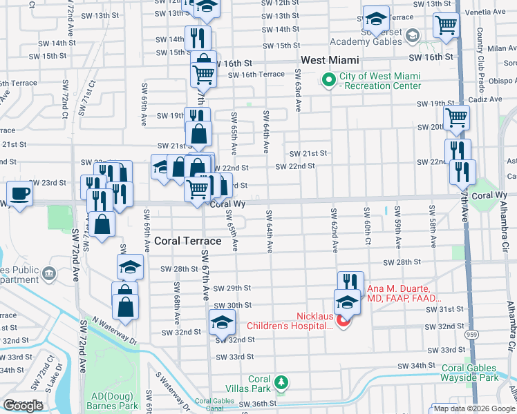 map of restaurants, bars, coffee shops, grocery stores, and more near 2412 Southwest 64th Avenue in Miami