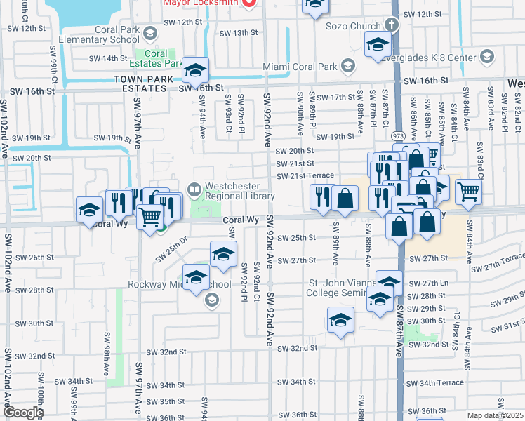 map of restaurants, bars, coffee shops, grocery stores, and more near 9221 Southwest 24th Terrace in Miami