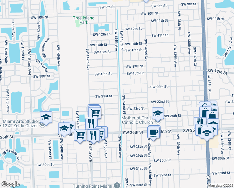 map of restaurants, bars, coffee shops, grocery stores, and more near 14401 Southwest 21st Street in Miami