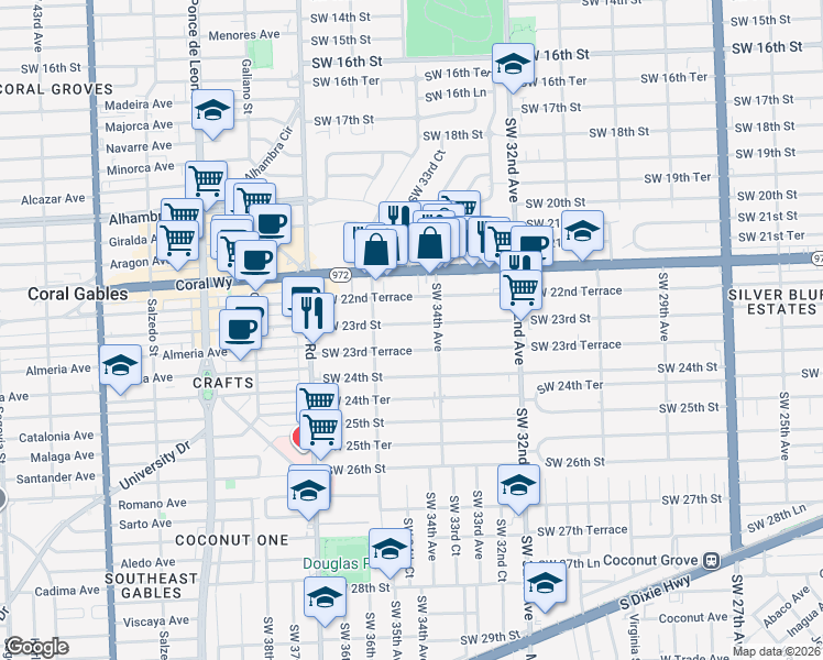 map of restaurants, bars, coffee shops, grocery stores, and more near 3429 Southwest 23rd Terrace in Miami