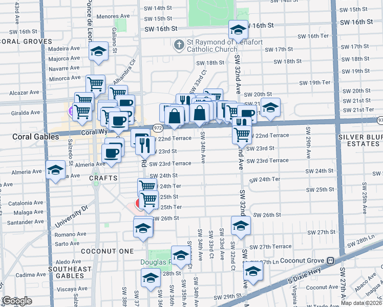 map of restaurants, bars, coffee shops, grocery stores, and more near 3429 Southwest 23rd Terrace in Miami