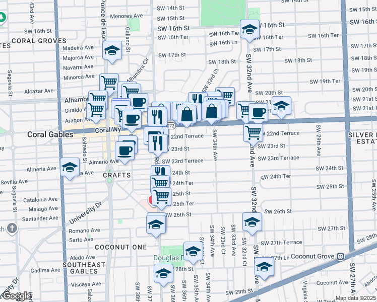 map of restaurants, bars, coffee shops, grocery stores, and more near 3541 Southwest 23rd Terrace in Miami