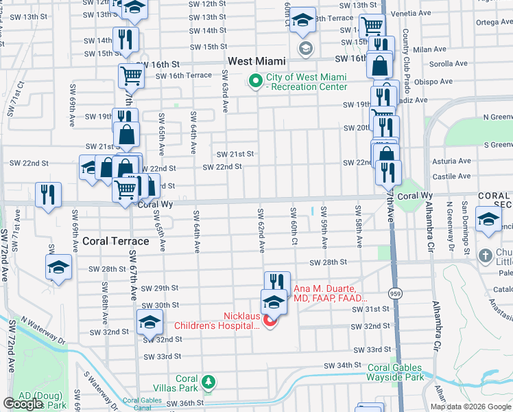 map of restaurants, bars, coffee shops, grocery stores, and more near 6111 Southwest 25th Street in Miami