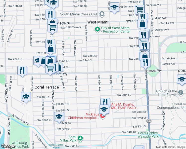 map of restaurants, bars, coffee shops, grocery stores, and more near 6261 Southwest 25th Street in Miami