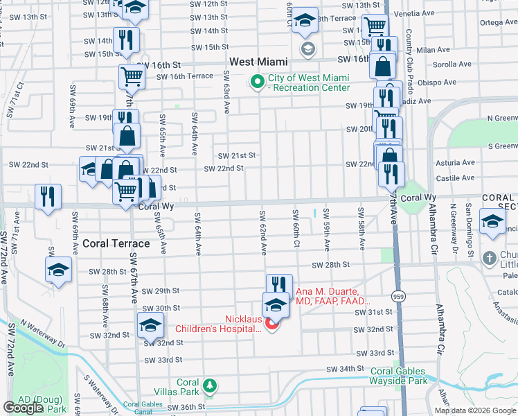 map of restaurants, bars, coffee shops, grocery stores, and more near 6111 Southwest 25th Street in Miami
