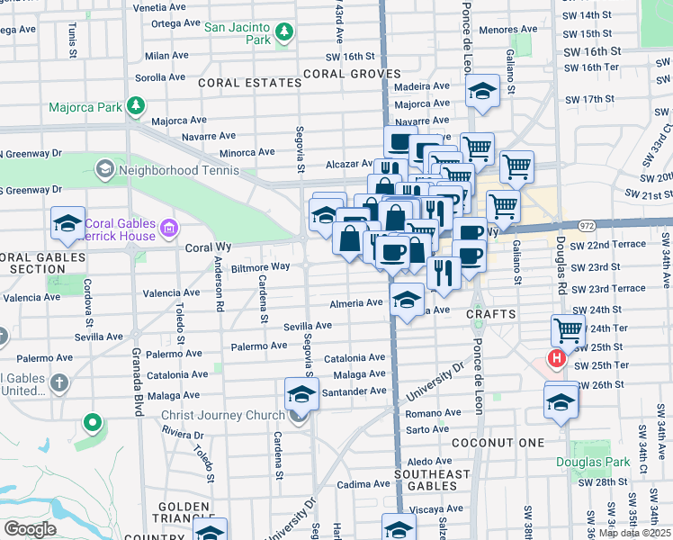 map of restaurants, bars, coffee shops, grocery stores, and more near 501 Valencia Avenue in Coral Gables