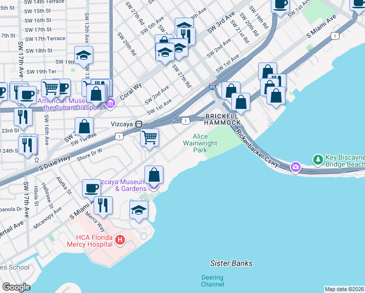 map of restaurants, bars, coffee shops, grocery stores, and more near 3029 Southeast 32nd Road in Miami