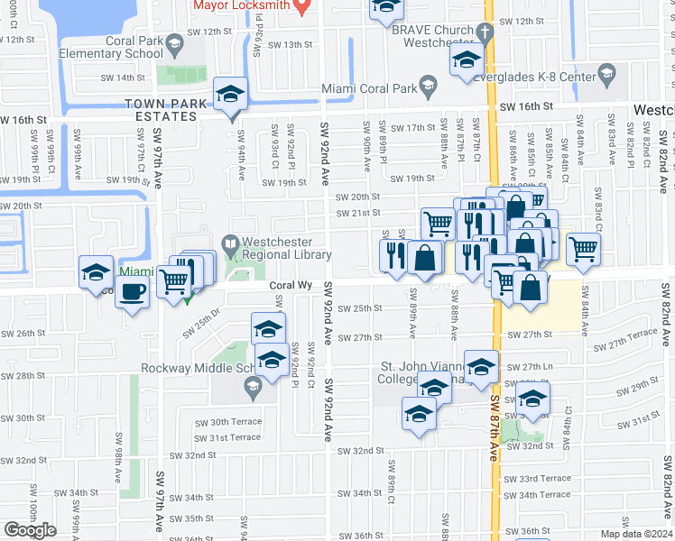 map of restaurants, bars, coffee shops, grocery stores, and more near in Westchester