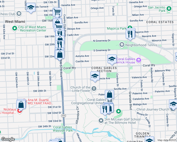 map of restaurants, bars, coffee shops, grocery stores, and more near 2500 San Domingo Street in Coral Gables