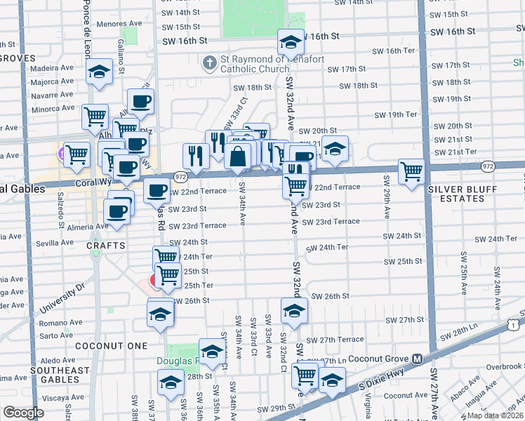 map of restaurants, bars, coffee shops, grocery stores, and more near 3329 Southwest 23rd Terrace in Miami