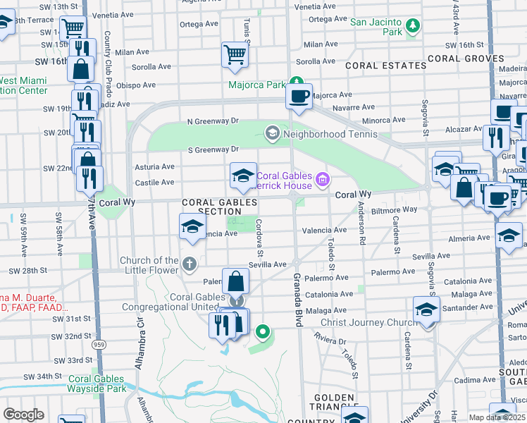 map of restaurants, bars, coffee shops, grocery stores, and more near 2501 Cordova Street in Coral Gables