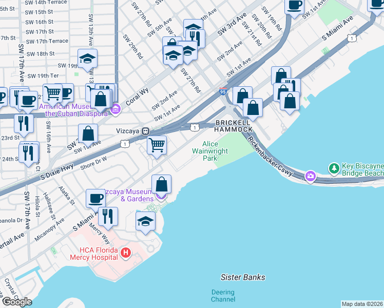 map of restaurants, bars, coffee shops, grocery stores, and more near 3029 Southeast 32nd Road in Miami