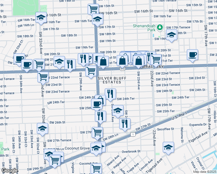 map of restaurants, bars, coffee shops, grocery stores, and more near 2521 Southwest 24th Street in Miami