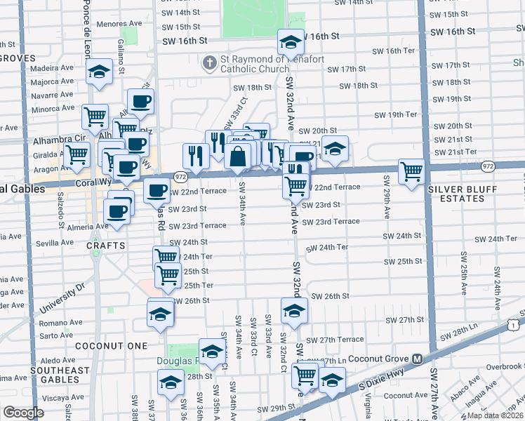 map of restaurants, bars, coffee shops, grocery stores, and more near 3329 Southwest 23rd Terrace in Miami