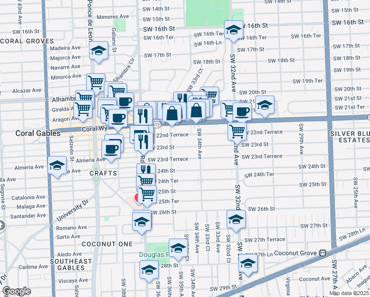 map of restaurants, bars, coffee shops, grocery stores, and more near 3541 Southwest 23rd Terrace in Miami