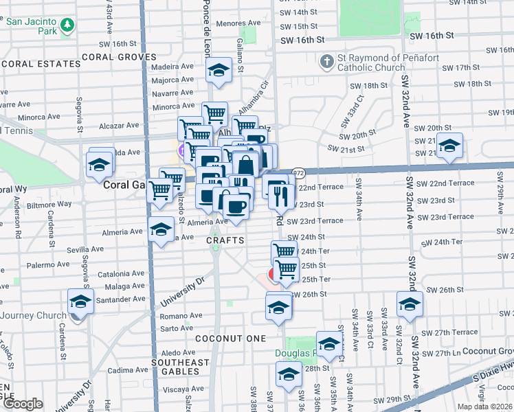 map of restaurants, bars, coffee shops, grocery stores, and more near 65 Almeria Avenue in Coral Gables