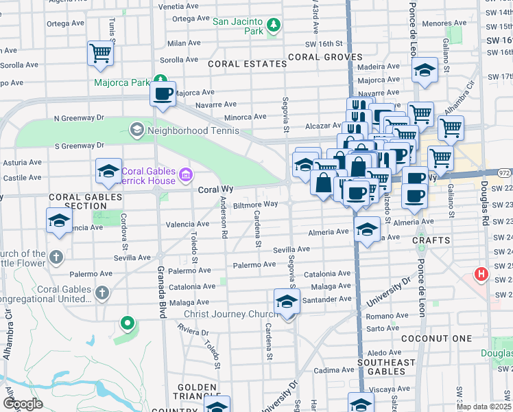 map of restaurants, bars, coffee shops, grocery stores, and more near 700 Biltmore Way in Coral Gables