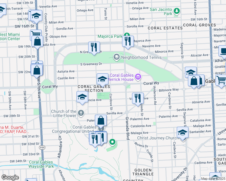 map of restaurants, bars, coffee shops, grocery stores, and more near 2501 Cordova Street in Coral Gables