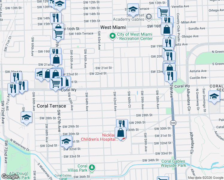 map of restaurants, bars, coffee shops, grocery stores, and more near 6261 Southwest 25th Street in Miami