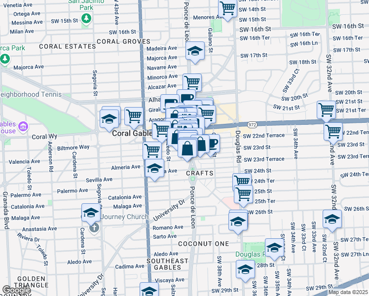 map of restaurants, bars, coffee shops, grocery stores, and more near 2614 Ponce de Leon in Coral Gables