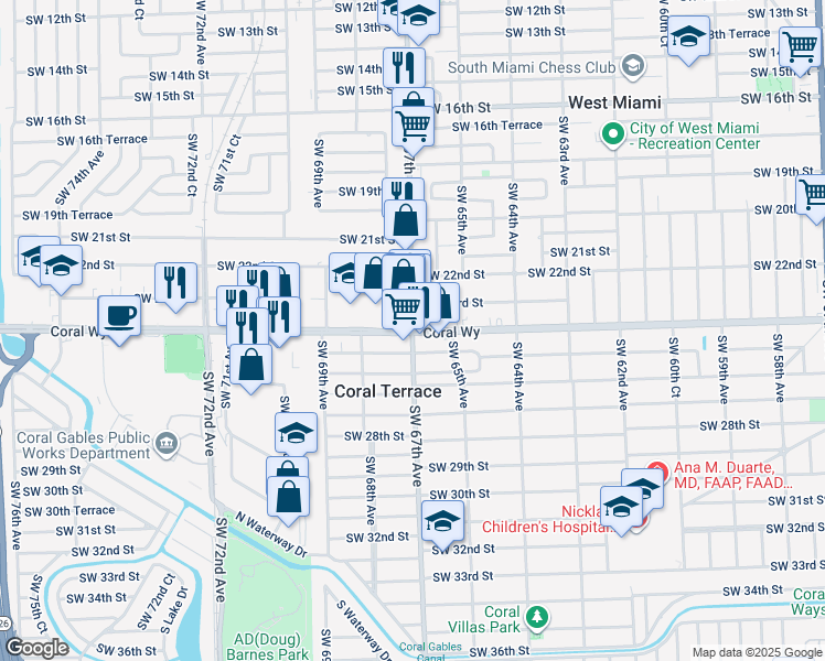 map of restaurants, bars, coffee shops, grocery stores, and more near Coral Way in Coral Terrace