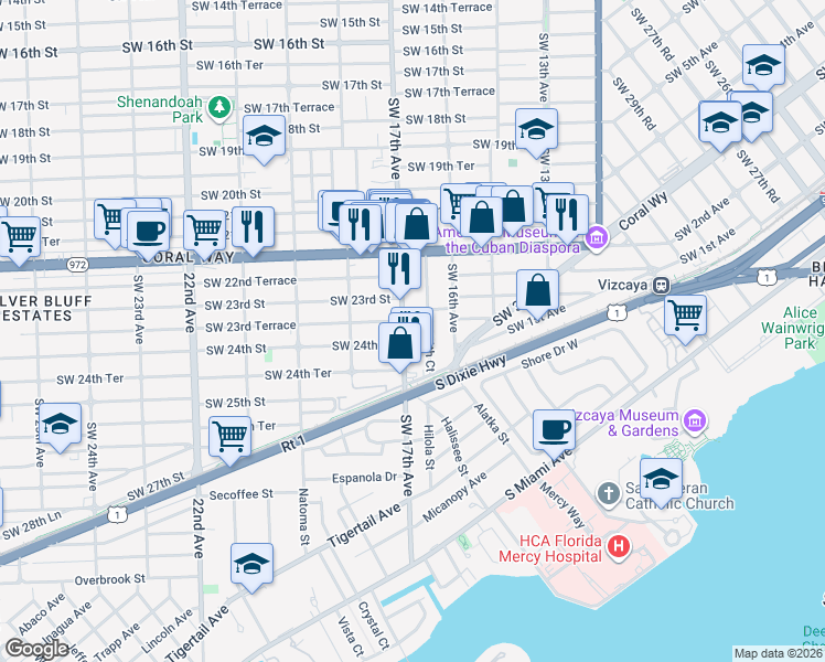 map of restaurants, bars, coffee shops, grocery stores, and more near 2405 Southwest 17th Avenue in Miami
