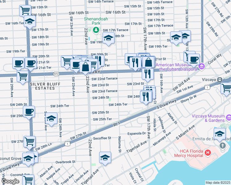 map of restaurants, bars, coffee shops, grocery stores, and more near 1900 Southwest 24th Street in Miami