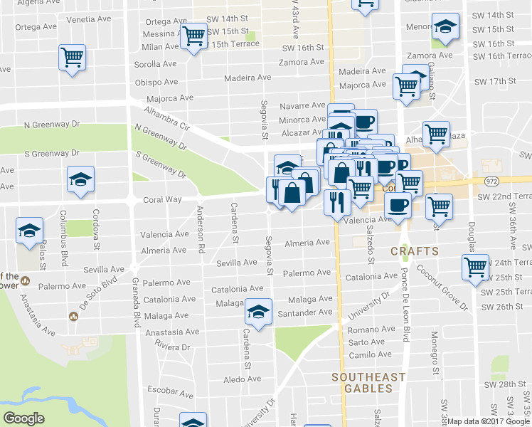 map of restaurants, bars, coffee shops, grocery stores, and more near 2525 Segovia Street in Coral Gables