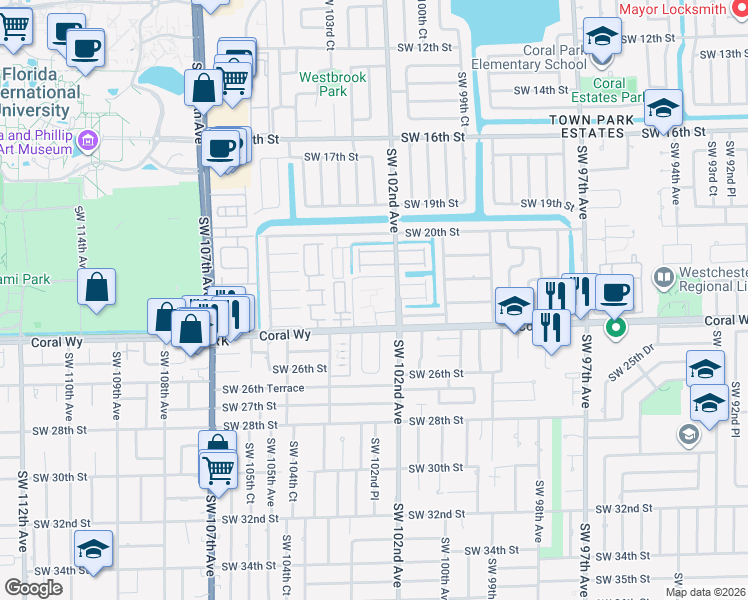 map of restaurants, bars, coffee shops, grocery stores, and more near 10225 Southwest 24th Street in Miami