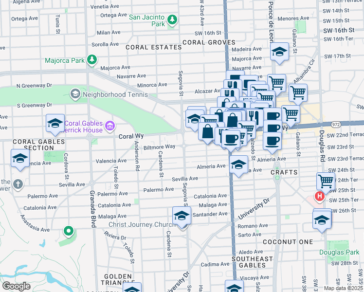 map of restaurants, bars, coffee shops, grocery stores, and more near 2525 Segovia Street in Coral Gables
