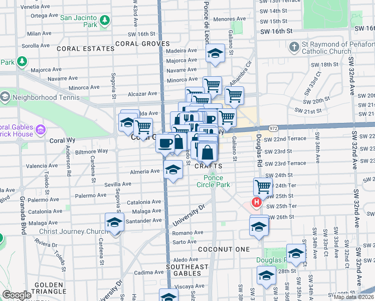 map of restaurants, bars, coffee shops, grocery stores, and more near Salzedo Street in Coral Gables