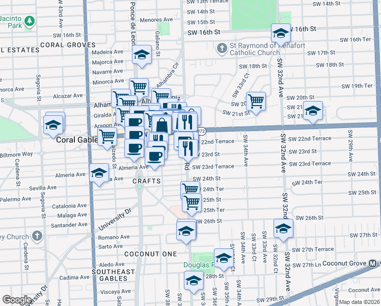map of restaurants, bars, coffee shops, grocery stores, and more near 2299 Southwest 37th Avenue in Miami