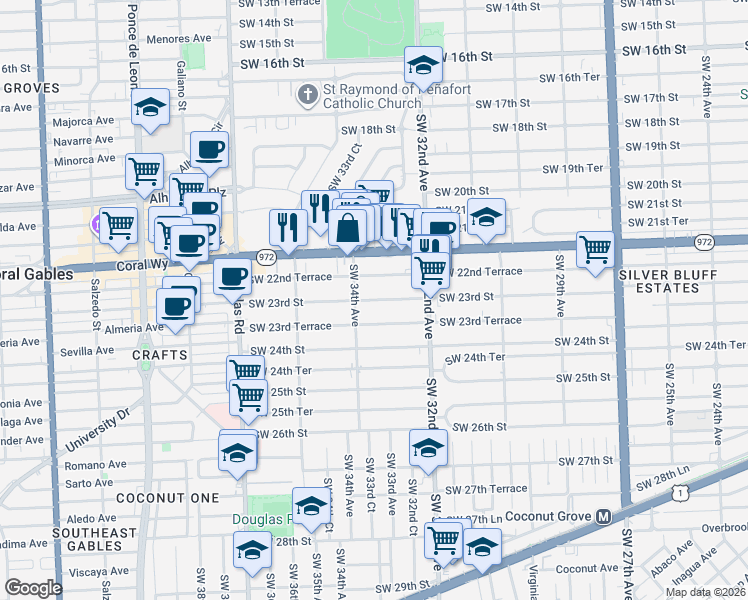 map of restaurants, bars, coffee shops, grocery stores, and more near 3329 Southwest 23rd Terrace in Miami