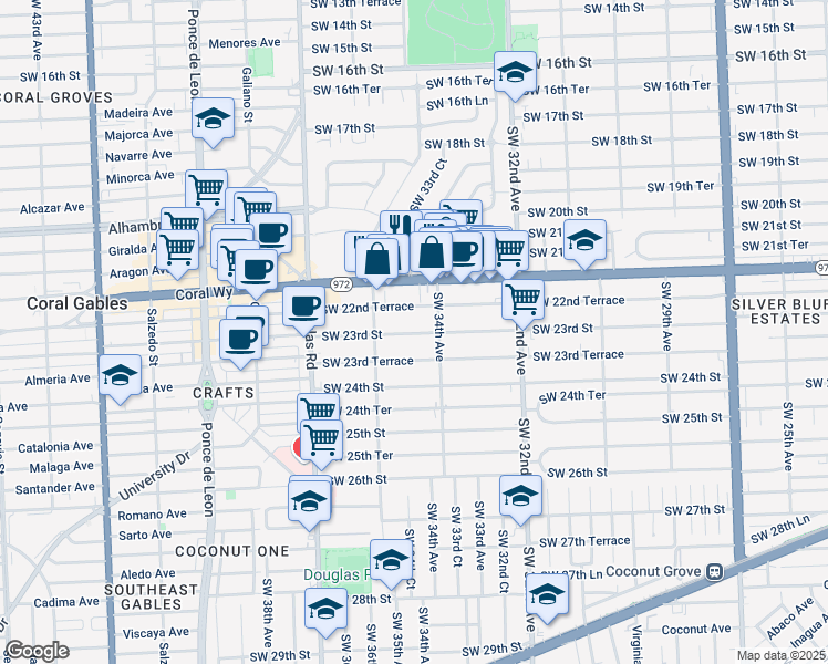 map of restaurants, bars, coffee shops, grocery stores, and more near 3429 Southwest 23rd Terrace in Miami