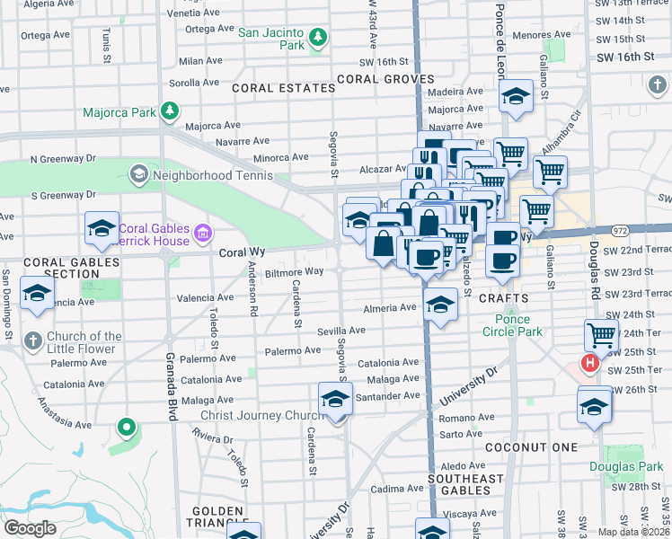 map of restaurants, bars, coffee shops, grocery stores, and more near 2525 Segovia Street in Coral Gables