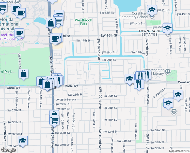 map of restaurants, bars, coffee shops, grocery stores, and more near 10225 Southwest 24th Street in Miami