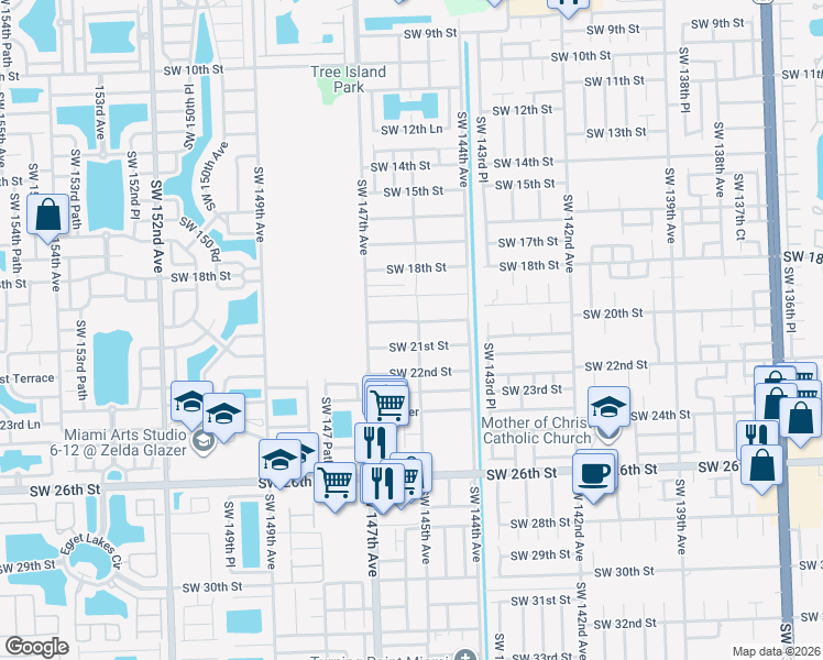 map of restaurants, bars, coffee shops, grocery stores, and more near 2085 Southwest 145th Avenue in Miami