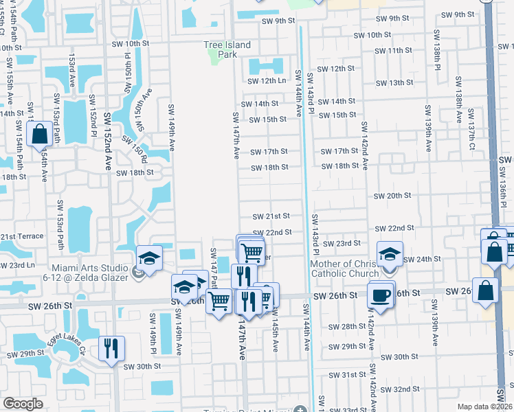 map of restaurants, bars, coffee shops, grocery stores, and more near 14611 Southwest 21st Street in Miami