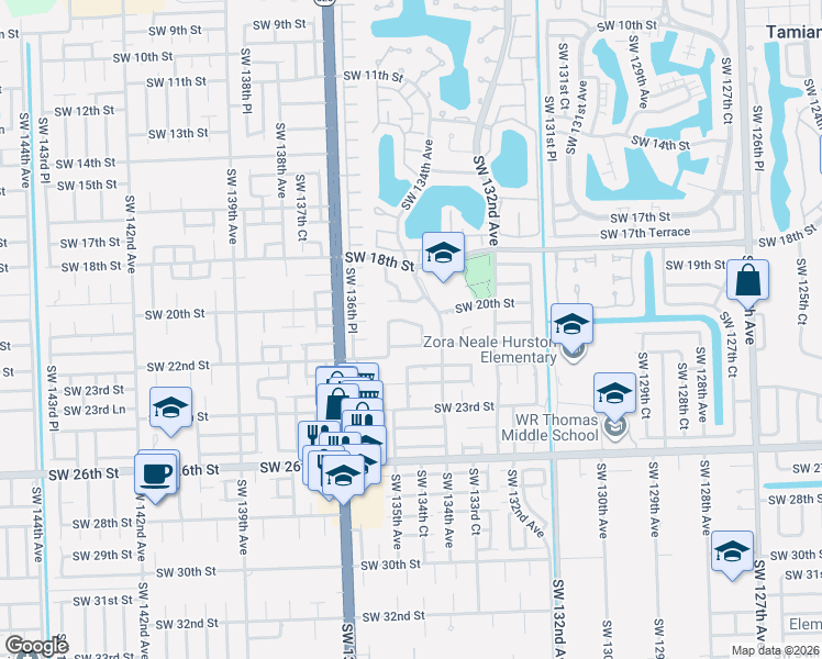 map of restaurants, bars, coffee shops, grocery stores, and more near 13440 Southwest 21st Street in Miami