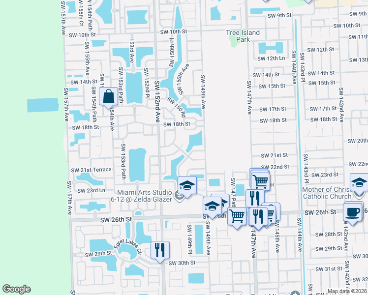 map of restaurants, bars, coffee shops, grocery stores, and more near 15114 Southwest 20th Lane in Miami