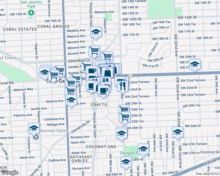 map of restaurants, bars, coffee shops, grocery stores, and more near 65 Almeria Avenue in Coral Gables