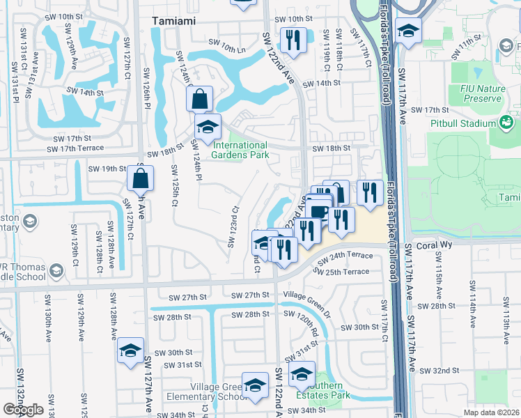 map of restaurants, bars, coffee shops, grocery stores, and more near 2150 Southwest 122nd Court in Miami