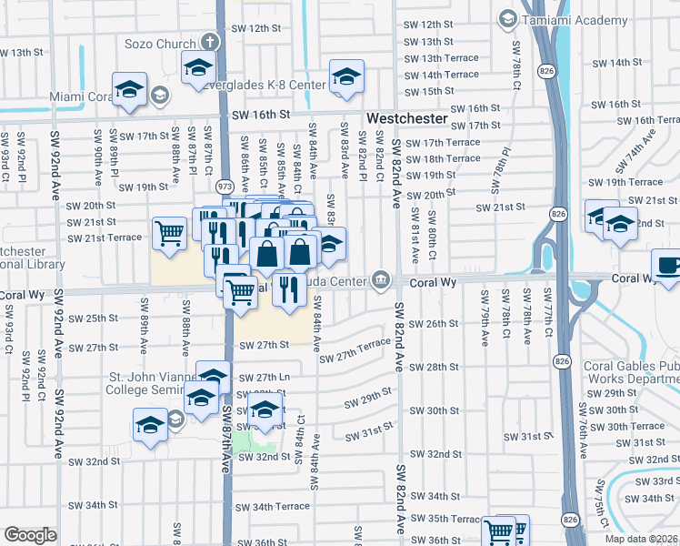 map of restaurants, bars, coffee shops, grocery stores, and more near 2210 Southwest 83rd Court in Miami