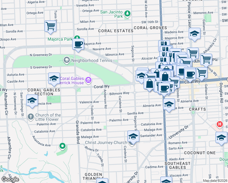 map of restaurants, bars, coffee shops, grocery stores, and more near 720 Coral Way in Coral Gables