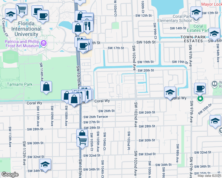 map of restaurants, bars, coffee shops, grocery stores, and more near 10424 Southwest 21st Terrace in Miami