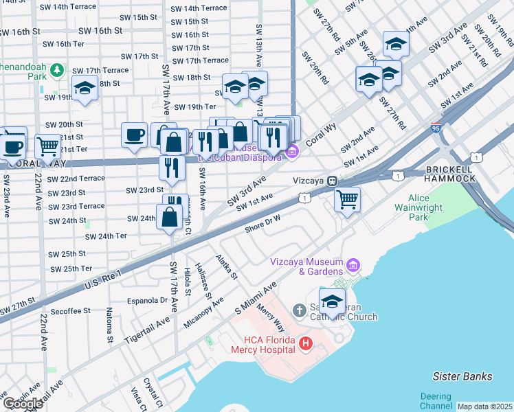map of restaurants, bars, coffee shops, grocery stores, and more near 3553 Southwest 3rd Avenue in Miami