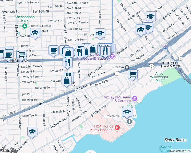 map of restaurants, bars, coffee shops, grocery stores, and more near 3553 Southwest 3rd Avenue in Miami